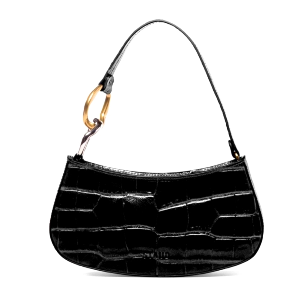 STAUD Ollie Black Croc-Embossed Bag
